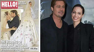 Brad and Angelina on Hello! magazine cover, wedding kiss, and a photo of them smiling together.