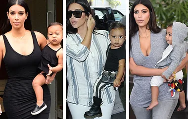 Kim Kardashian in various outfits carrying her child North West in different stylish ensembles.