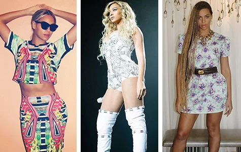 Three images of a woman in different outfits: colorful crop top set, stage outfit with thigh-high boots, and floral dress.