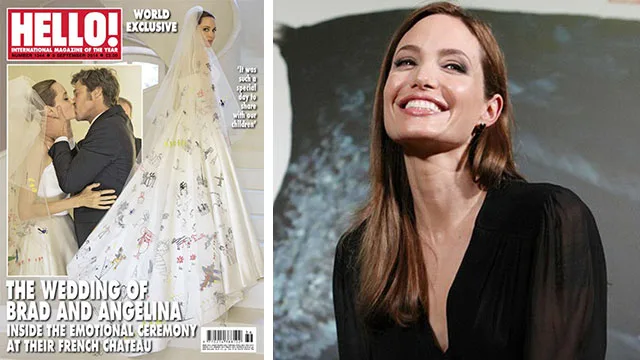 Angelina Jolie smiling; wedding magazine cover featuring her in a bridal gown with Brad Pitt.
