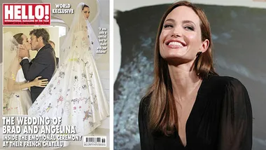 Angelina Jolie smiling; wedding magazine cover featuring her in a bridal gown with Brad Pitt.