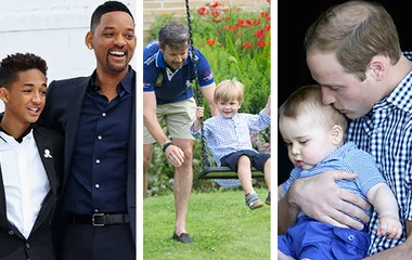 "Three celebrity dads with their sons; one posing, another pushing a swing, and one holding a baby."