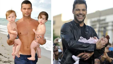 "Man joyfully holding babies, one at the beach, another in a crowd, embodying fatherhood and happiness."