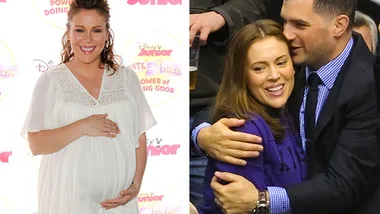 A woman holds her baby bump on the left; on the right, she is embraced by a man, both smiling warmly.