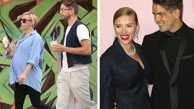 Two images: left shows a pregnant woman walking with a man, right shows a couple smiling on the red carpet.