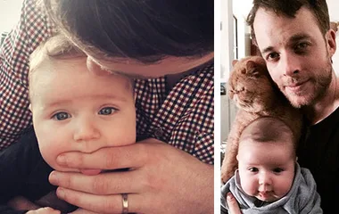 Father and baby bonding, father holding baby and cat in the second photo, showcasing tender family moments.