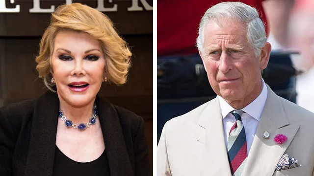 Joan Rivers smiling beside Prince Charles at a public event, both dressed formally.