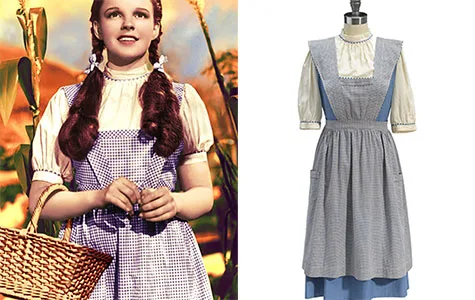 Dorothy's blue gingham dress from "The Wizard of Oz," worn by Judy Garland, displayed on a mannequin and in a film still.