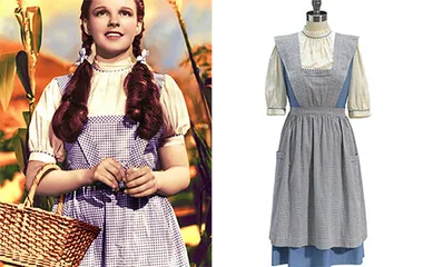 Dorothy's blue gingham dress from "The Wizard of Oz," worn by Judy Garland, displayed on a mannequin and in a film still.