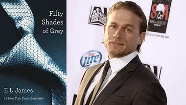 Fifty Shades book cover and a man in a suit at a red carpet event.