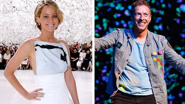 Actress in white dress on left, smiling singer with colorful shirt and jacket on right, both at public events.