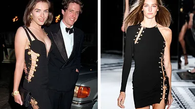 A famous safety-pin black dress on a woman in a classic event, left, and on the runway, right, highlighting its iconic design.