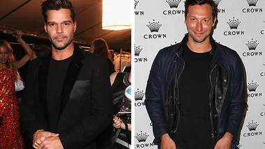 Ricky Martin and Ian Thorpe at a public event, both dressed in dark attire, standing in different settings.