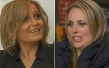 Two women are shown in split view, engaged in conversation, wearing casual outfits indoors.