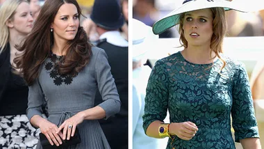 Two women in stylish dresses at an outdoor event, one in a gray dress and the other in a green lace dress with a hat.