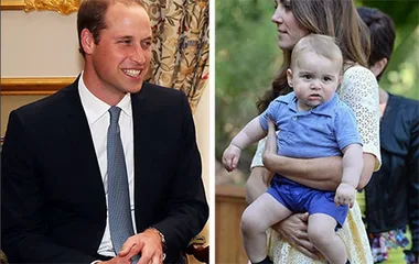 Prince William smiling in a suit on the left; a baby in blue shorts is being held on the right.