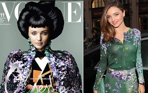 Miranda Kerr on Vogue cover in Geisha-inspired attire, alongside her in a floral green dress.