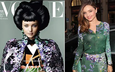 Miranda Kerr on Vogue cover in Geisha-inspired attire, alongside her in a floral green dress.