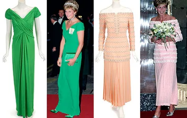 Princess Diana's iconic gowns: a green floor-length dress, two peach evening gowns, one worn with a tiara, and a floral bouquet.