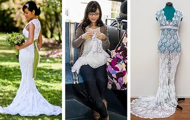 A bride poses in her self-made crochet wedding dress, crocheting on a bus, and the dress on a mannequin.