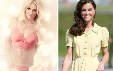 Britney Spears in lingerie beside a woman in a yellow dress smiling outdoors.
