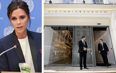 Victoria Beckham speaking at an event; entrance of her clothing store with security guards.