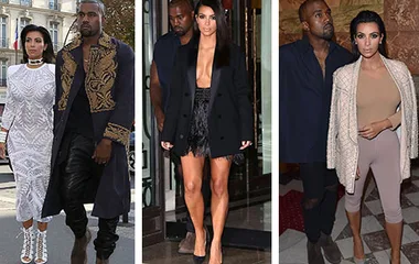 Kim and Kanye in Paris wearing different fashionable outfits, including a detailed coat, black blazer, and elegant evening wear.