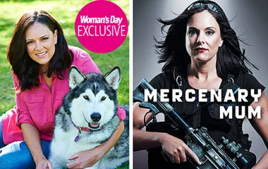 A woman poses with a dog in one image, and in tactical gear holding a rifle in the other, labeled "Mercenary Mum."