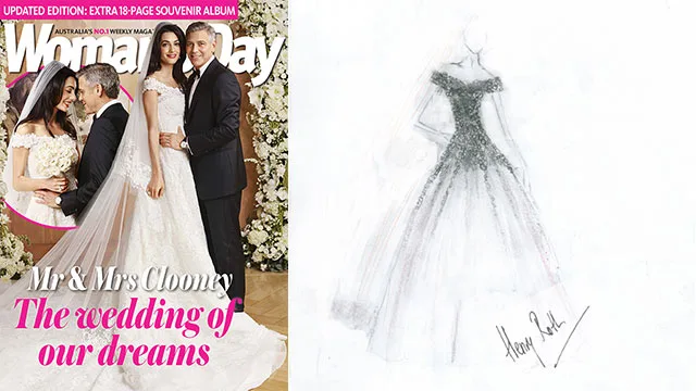 "Woman's Day cover featuring a wedding with a dress sketch inspired by Mrs. Clooney on the right."