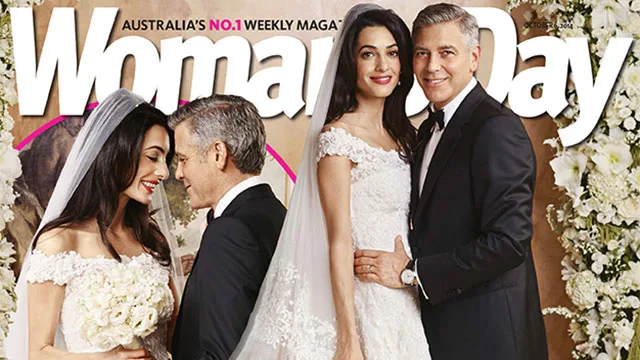 Couple in wedding attire on Woman's Day cover, surrounded by floral decor.