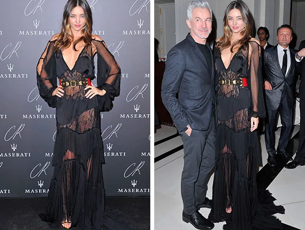 Woman in sheer black dress at event; poses solo and with a man, CR and Maserati logos in background.