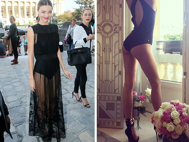 "Two women in stylish black outfits; one outdoors, long lace dress; one indoors, body suit near window with flowers."