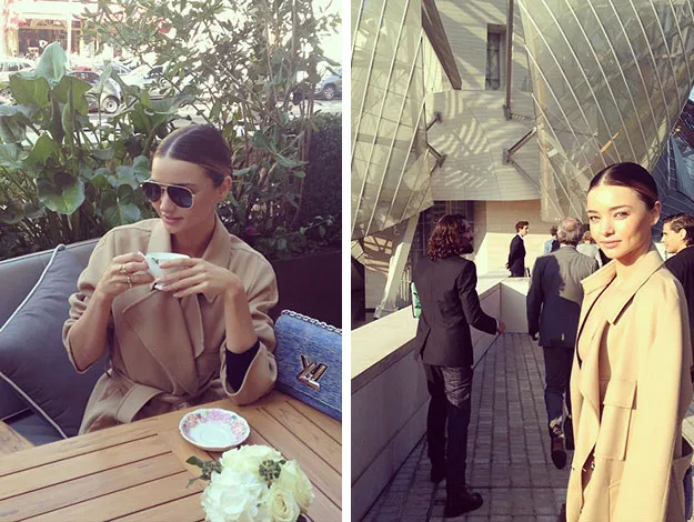 "Person in sunglasses drinks tea at outdoor cafe; in another shot, stands outside a modern building with others."