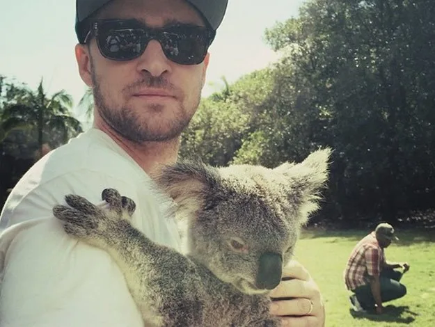 Man in sunglasses holding a koala, with a sunny outdoor background and another person squatting in the distance.