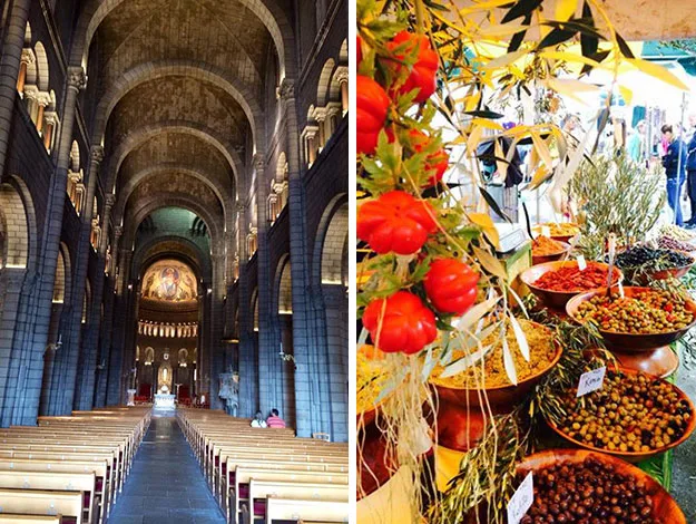 Interior of a grand cathedral with arches, and a vibrant market stall with colorful vegetables and spices.