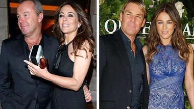 Liz Hurley with two men at separate events, wearing black and blue dresses, respectively.