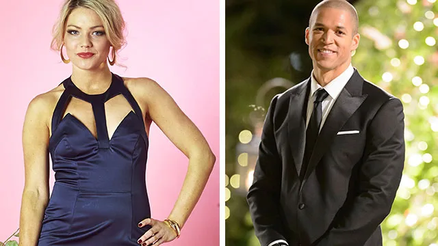 Sam Frost in a blue dress and a man in a tuxedo, both smiling.