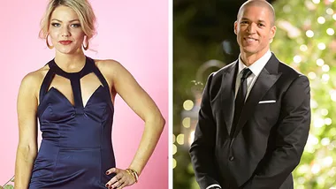 Sam Frost in a blue dress and a man in a tuxedo, both smiling.