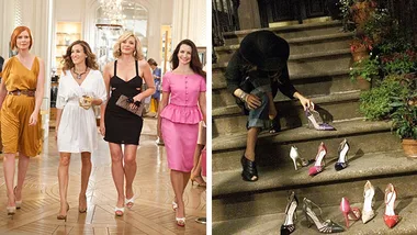 "Characters from Sex and the City walking indoors; a person sitting on steps choosing from several high heels."