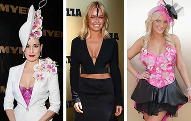 Three women in stylish spring racing outfits with floral details and hats, showcasing memorable fashion on the field.