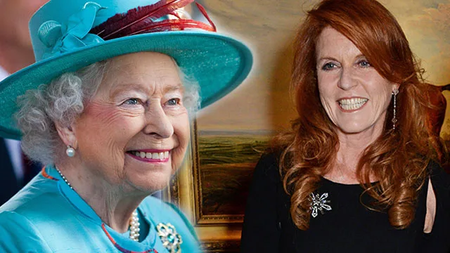Queen in blue and hat smiling beside a woman with red hair in a black dress, both appear cheerful.