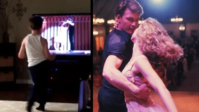 "Child mimics dance moves from 'Dirty Dancing' on TV, reminiscent of famous Patrick Swayze scene."