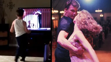 "Child mimics dance moves from 'Dirty Dancing' on TV, reminiscent of famous Patrick Swayze scene."