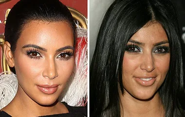 Two images of a woman with dark hair, one with a sleek bun and the other with loose hair, showcasing makeup styles.