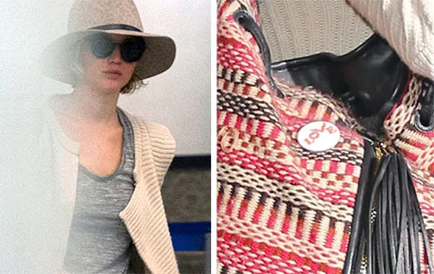 Jennifer Lawrence wearing a hat and sunglasses; close-up of a multicolored knit bag with a "LOVE" button.
