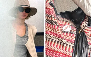 Jennifer Lawrence wearing a hat and sunglasses; close-up of a multicolored knit bag with a "LOVE" button.