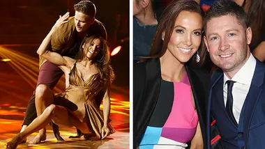 Dancer duo performing on stage; posing woman in brown dress and man in casual attire on the left; formal couple photo on right.