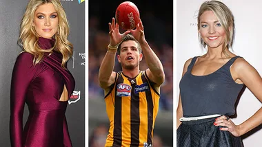 Delta Goodrem in maroon dress, AFL player in action, Sam Frost in grey top, all three in side-by-side portraits.