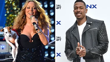 Mariah Carey holding a small dog on stage; Nick Cannon posing in a leather jacket at an event.