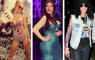 Paris Hilton dressed as Miley Cyrus in a bear costume, with two others dressed as Sofia Vergara and Slash at Halloween.